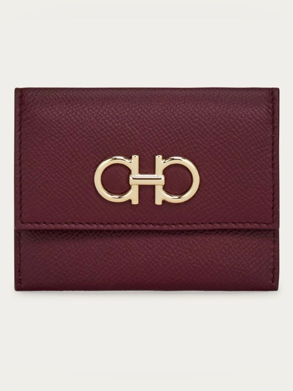 NIB Ferragamo Wine Red Leather Gancini Card Holder Gold Hardware Plum $350